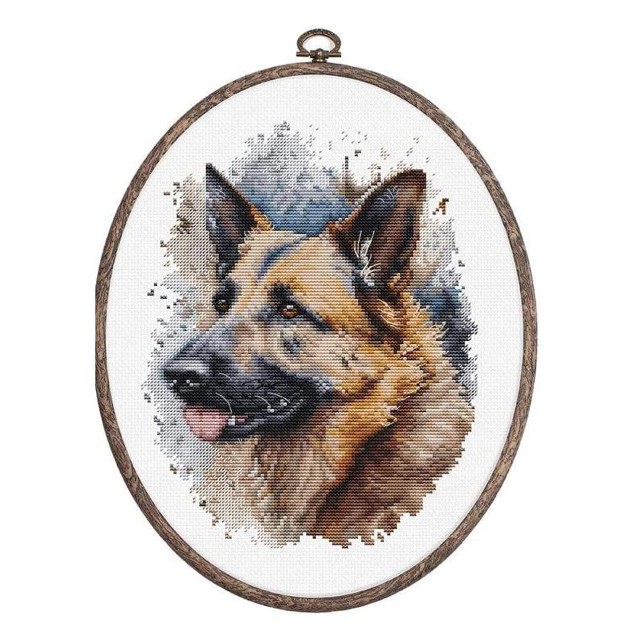 Luca-S The German Shepherd Counted Cross Stitch Kit with Woodgrain Hoop